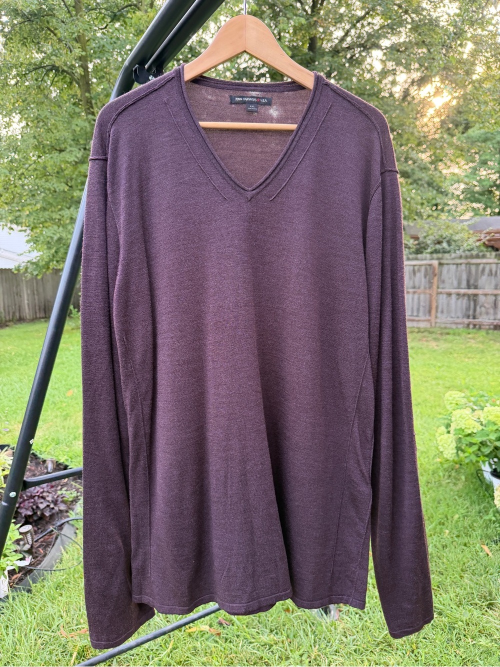 John Varvatos Star USA Mens XXL Plum Purple V-Neck Sweater Merino Wool Blend